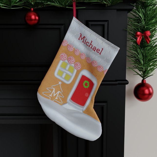 Meia De Natal Grande Crianças Personalizadas Da Casa Do Gingerpão Engra (A fun and festive Christmas stocking inspired by a gingerbread house.)