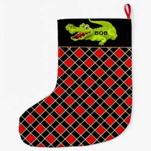 Meia De Natal Grande Crocodilo em padrão de diamante preto e vermelho