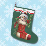 Meia De Natal Grande Cubo-Tigre Cubo<br><div class="desc">Essa estocagem de Feriado tem uma imagem de um adorável filhote de Tigre tirando um ornamentado de estocagem vermelha. A imagem está rodeada de bagas ocas, vermelhas, e poinsettia floresce, e é colocada sobre um fundo verde de Natal. Um design branco de borda escalada, bordado em vermelho, mantém seu nome...</div>