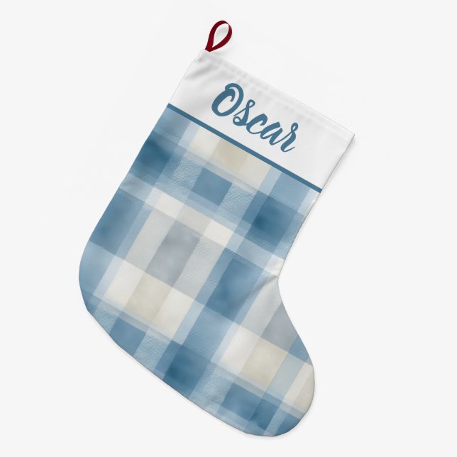Meia De Natal Grande Custom Name Blue & White Plaid Christmas Stocking (Frente (Pendurada))