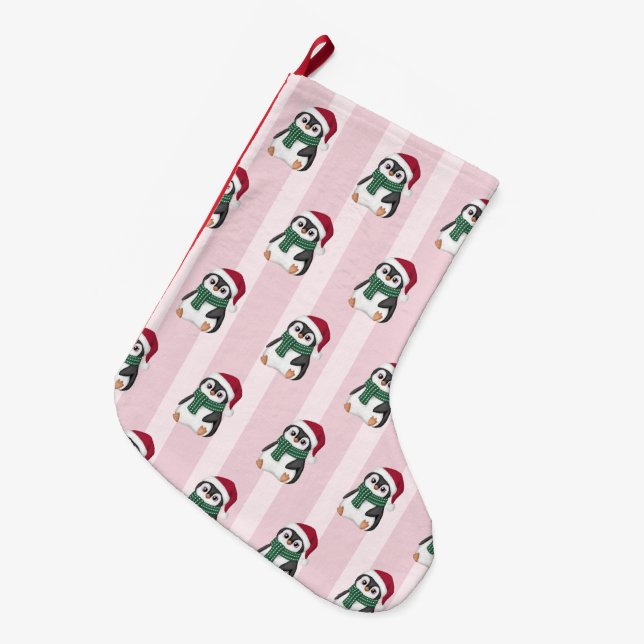 Meia De Natal Grande Cute Baby Penguin Wearing Santa Hat Christmas (Frente (Pendurada))