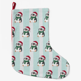 Meia De Natal Grande Cute Baby Penguin Wearing Santa Hat Christmas