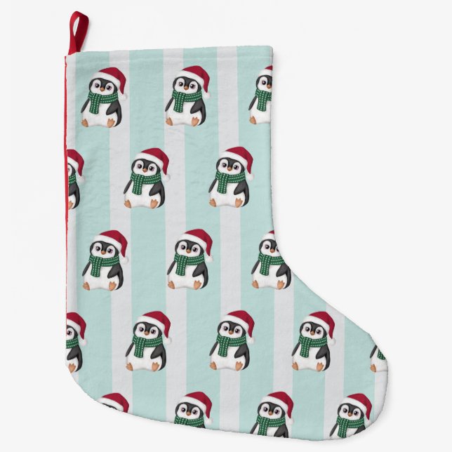 Meia De Natal Grande Cute Baby Penguin Wearing Santa Hat Christmas (Frente)