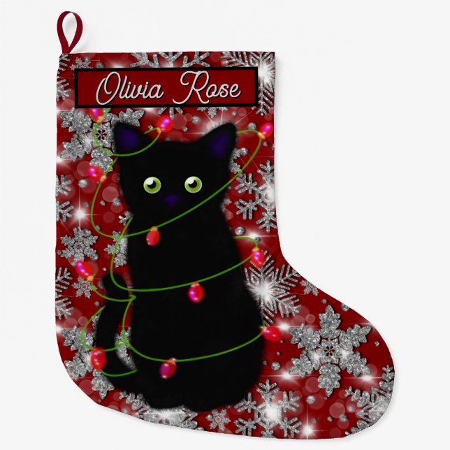 Meia De Natal Grande Cute black cat Meowy Christmas sparkling snowflake (Frente)