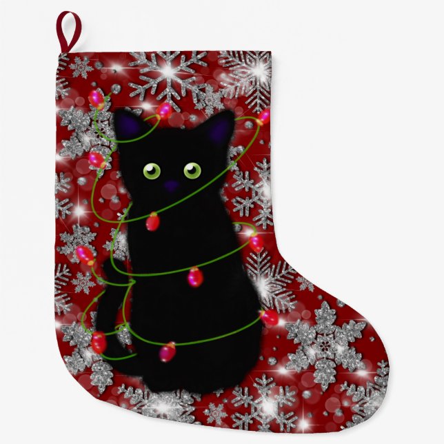 Meia De Natal Grande Cute black cat Meowy Christmas sparkling snowflake (Frente)