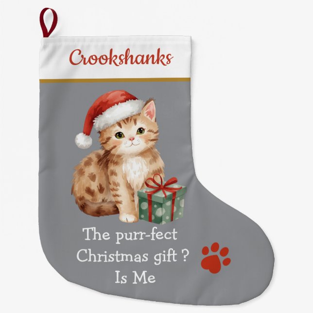 Meia De Natal Grande Cute Cat with Santa Hat Christmas Stocking – Funny (Frente)