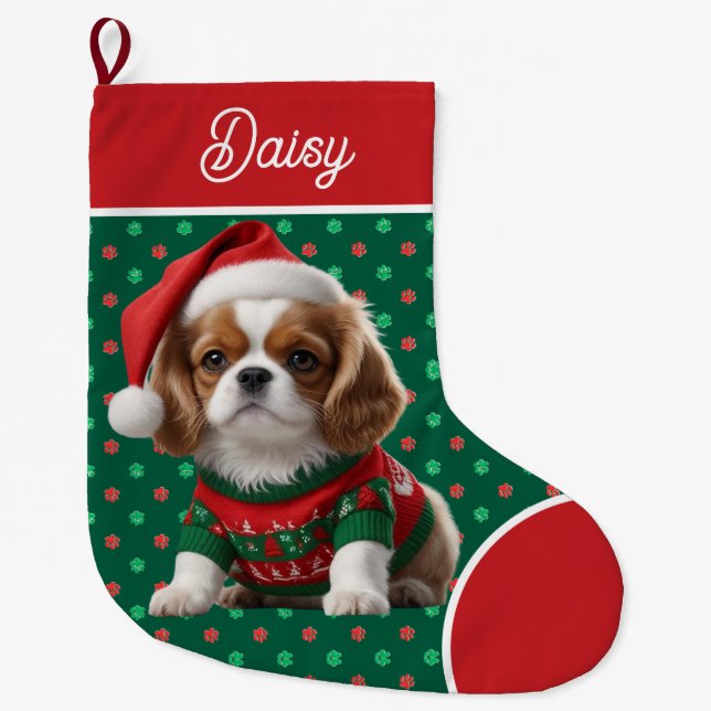 Meia De Natal Grande Cute Cavalier King Charles Sweater Personalizado (Frente)
