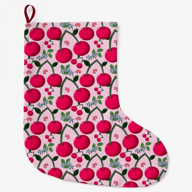 Meia De Natal Grande Cute Cherry  Pattern, Glossy Kawaii Fruit (Frente)