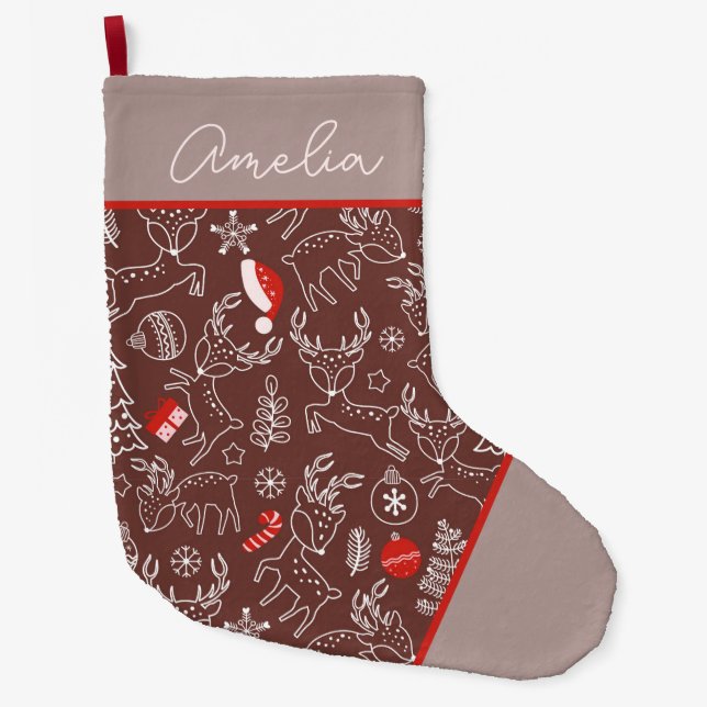 Meia De Natal Grande Cute Christmas Reindeer Pattern Personalized  (Frente)