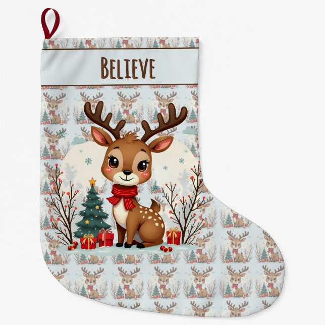Meia De Natal Grande Cute Christmas Reindeer Scene Snowy Forest (Frente)