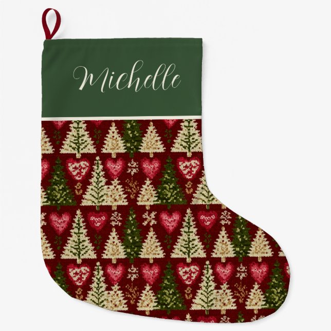 Meia De Natal Grande Cute Custom Knitted Style Christmas Trees Pattern  (Frente)