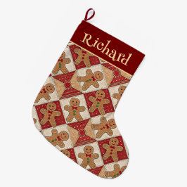 Meia De Natal Grande Cute Gingerbread Man Patchwork Pattern Style