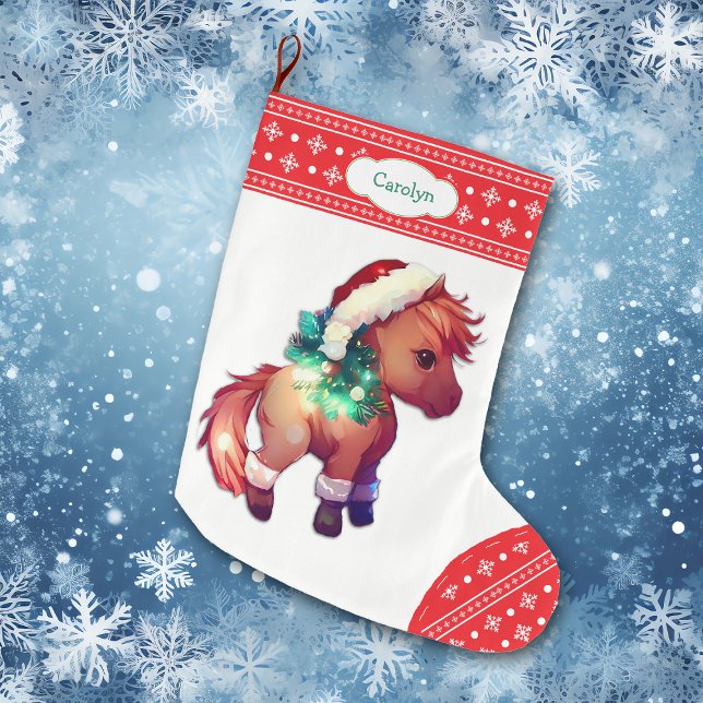 Meia De Natal Grande Cute Pony Snowflake Red Border Kids (Criador carregado)