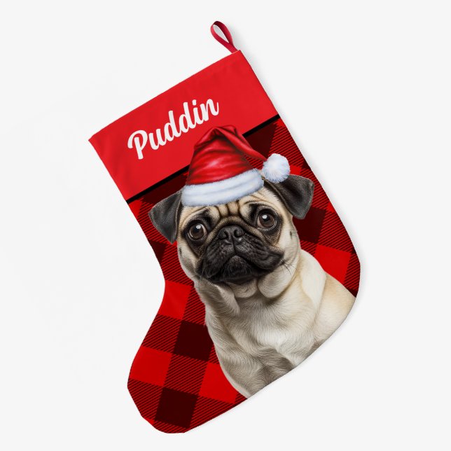 Meia De Natal Grande Cute Pug Dog Red Buffalo Plaid Custom (Verso (Pendurada))