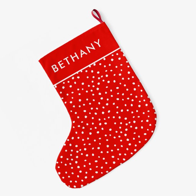 Meia De Natal Grande Cute Red And White Snow Pattern Custom Name  (Verso (Pendurada))