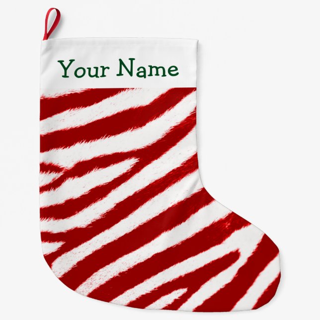 Meia De Natal Grande Cute Red Zebra Stripe Pattern Add Your Name (Frente)