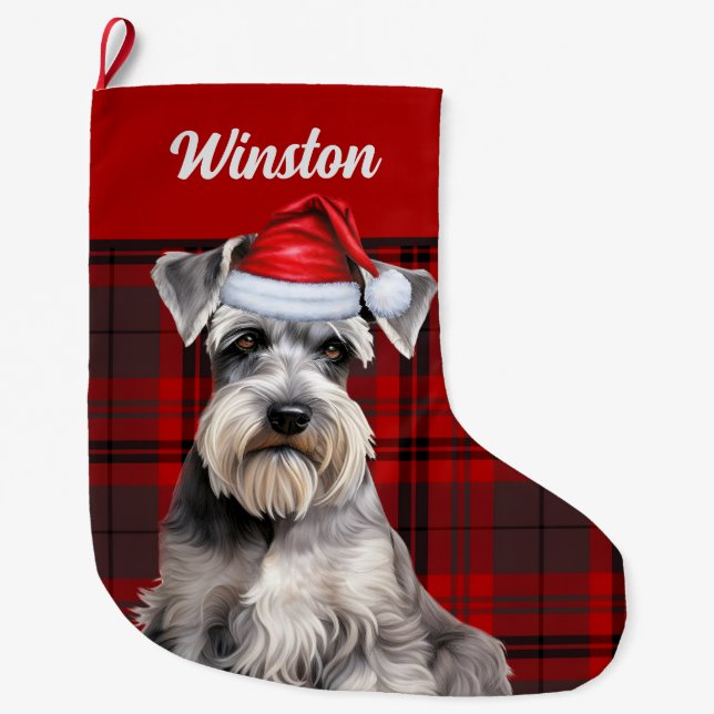 Meia De Natal Grande Cute Schnauzer Dog Holiday Plaid Personalized (Frente)