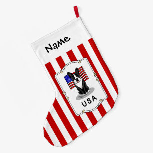 Meia De Natal Grande Cute USA American Flag Boston Terrier Dog (preto)