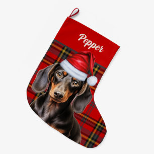 Meia De Natal Grande Dachshund Liso Personalizado de Férias em Xadrez