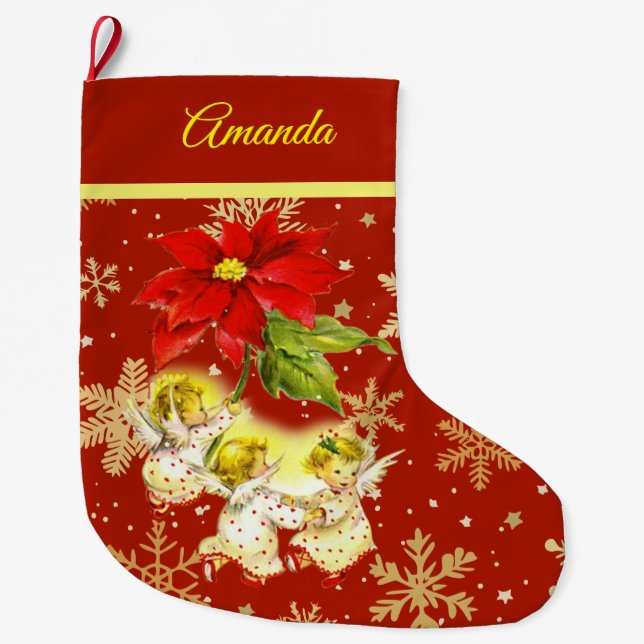 Meia De Natal Grande Dançando Anjos de Bebê em Vermelho com Flocos de N (Frente)