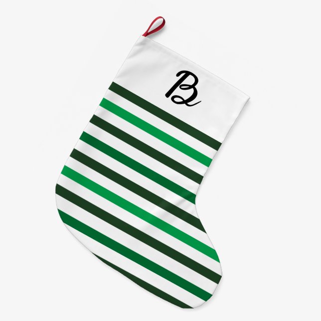 Meia De Natal Grande Dark Light Green Stripes Monogram Christmas (Frente (Pendurada))