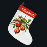 Meia De Natal Grande Decorações da Árvore de Natal Legal<br><div class="desc">Estocagem de Natal personalizada com um nome. Projetado com uma ilustração do estilo vintage. Três bolhas de Natal vermelhas cercadas por sagrado verde e bagas. Na moda retro design.</div>