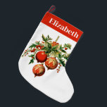 Meia De Natal Grande Decorações da Árvore de Natal Legal<br><div class="desc">Estocagem de Natal personalizada com um nome. Projetado com uma ilustração do estilo vintage. Três bolhas de Natal vermelhas cercadas por sagrado verde e bagas. Na moda retro design.</div>