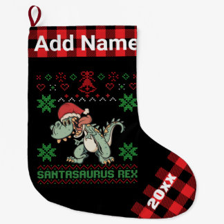 Meia De Natal Grande Dinossauro Personalizado Santasaurus Rex Ugly Xmas