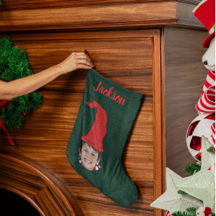 Meia De Natal Grande Diversão Chapéu de Elfo Verde Escuro & Foto & Nome