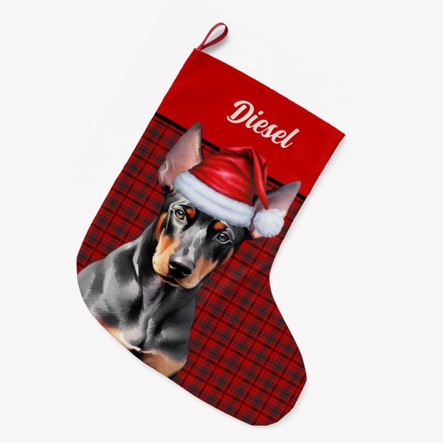 Meia De Natal Grande Doberman Pinscher Dog Holiday Plaid Personalized (Frente (Pendurada))