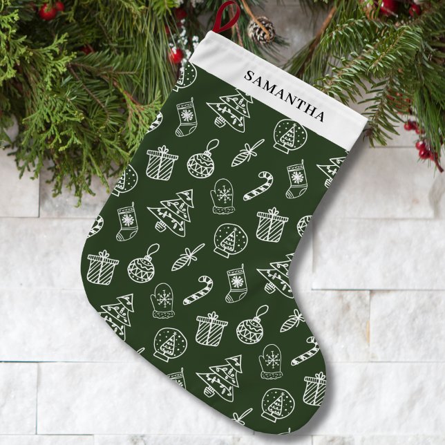 Meia De Natal Grande Doodle Branco Verde Fofo (Criador carregado)