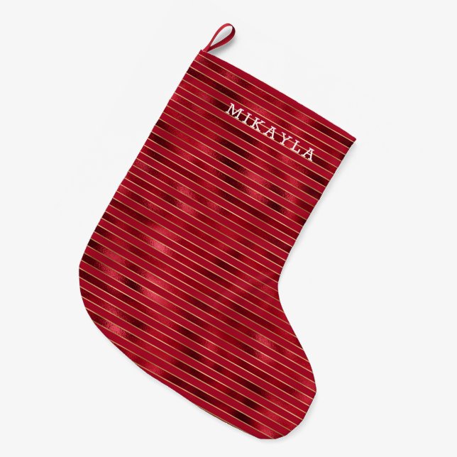 Meia De Natal Grande Douradas faixas de vidro vermelho (Frente (Pendurada))