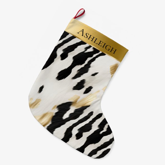 Meia De Natal Grande Dourado branco, preto, nome do cowhide sudoeste (Frente (Pendurada))