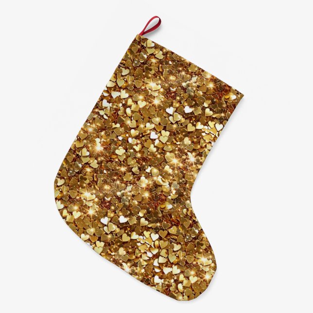 Meia De Natal Grande Dourado Coração Confetti (Frente (Pendurada))