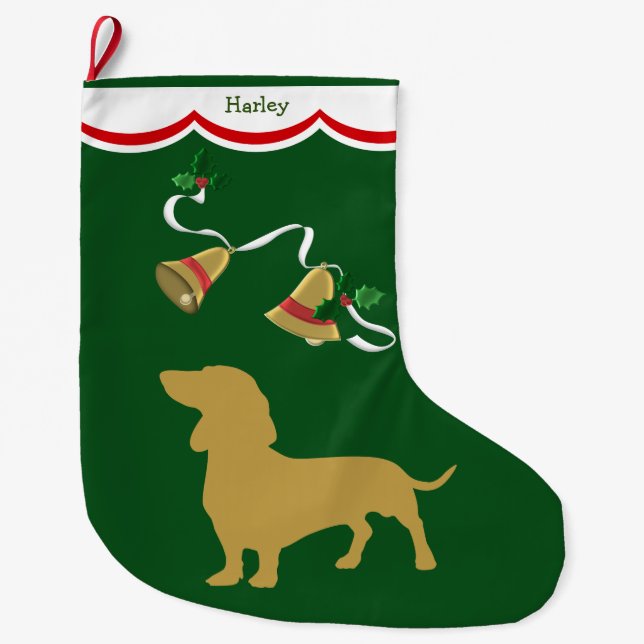 Meia De Natal Grande Dourados Sinos de Férias Dachshund (Frente)