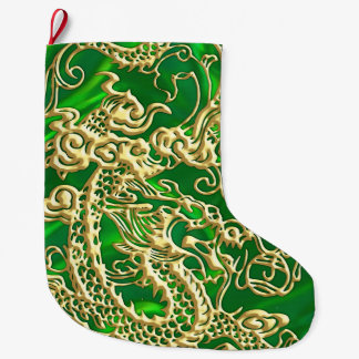 Meia De Natal Grande Dragão Dourado Embutido em Impressão de Seda Verde