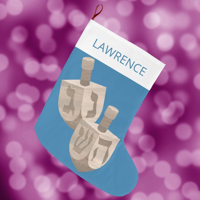 Meia De Natal Grande Dreidel Rustic Oak Hanukkah Para Crianças Chrismuk (Easy to personalize, just add your child's name to this Hanukkah stocking. Cute for adults too!)