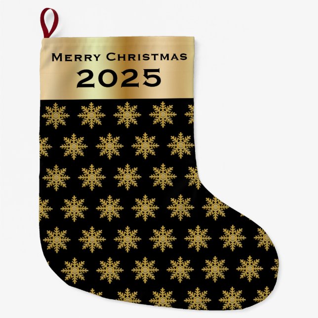 Meia De Natal Grande Elegant Golden Snowflakes Christmas Stocking (Frente)