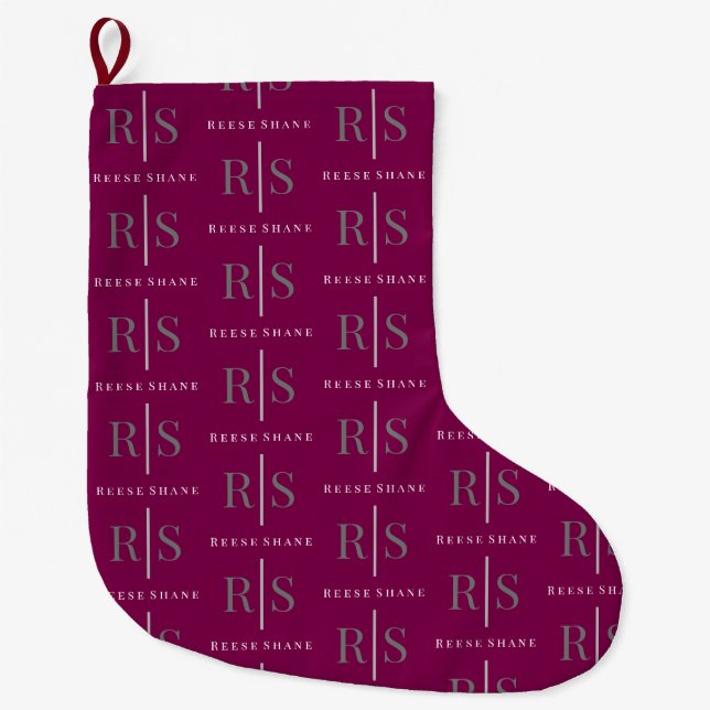 Meia De Natal Grande Elegant Grey Monogram & White Name, Maroon (Frente)
