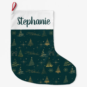 Meia De Natal Grande Elegante Verde Com Doodles de Árvore de Natal em D