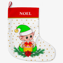 Meia De Natal Grande elfo de Natal, estrelas, poinsettia & pinheiro sob