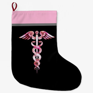 Meia De Natal Grande Enfermeira Caduceus Símbolo Médico Preto Rosa