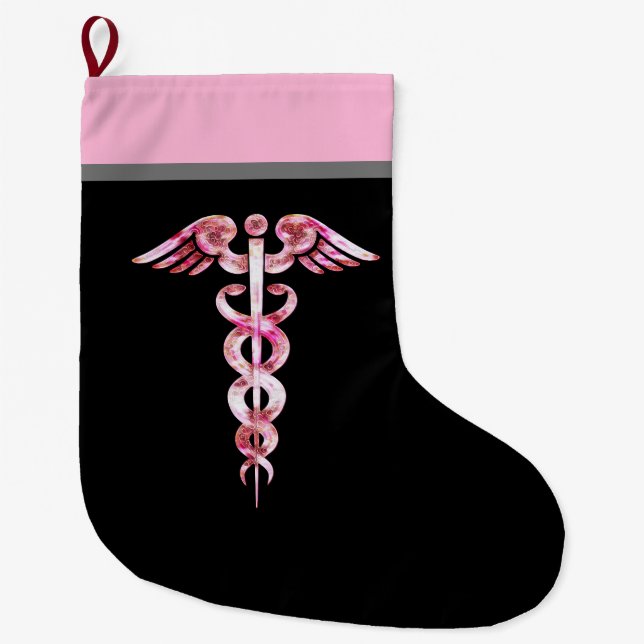 Meia De Natal Grande Enfermeira Caduceus Símbolo Médico Preto Rosa (Frente)