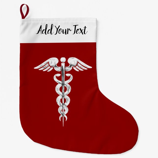 Meia De Natal Grande Enfermeira Caduceus Símbolo Médico Vermelho Branco (Frente)