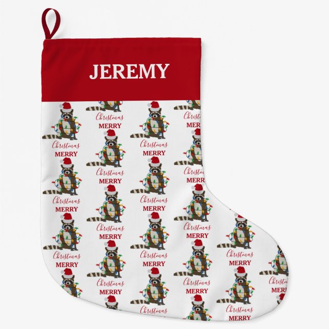 Meia De Natal Grande Engraçado Natal Raccoon Santa Hat Luzes de Natal (Frente)