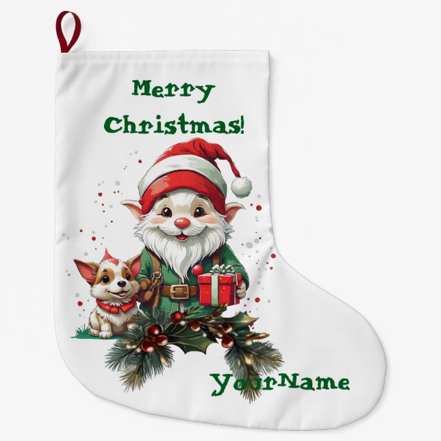 Meia De Natal Grande Estoque personalizável de Elf e Doggo de Natal (Frente)