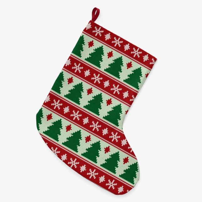 Meia De Natal Grande Evergreens & Snowflakes Knit (Frente (Pendurada))
