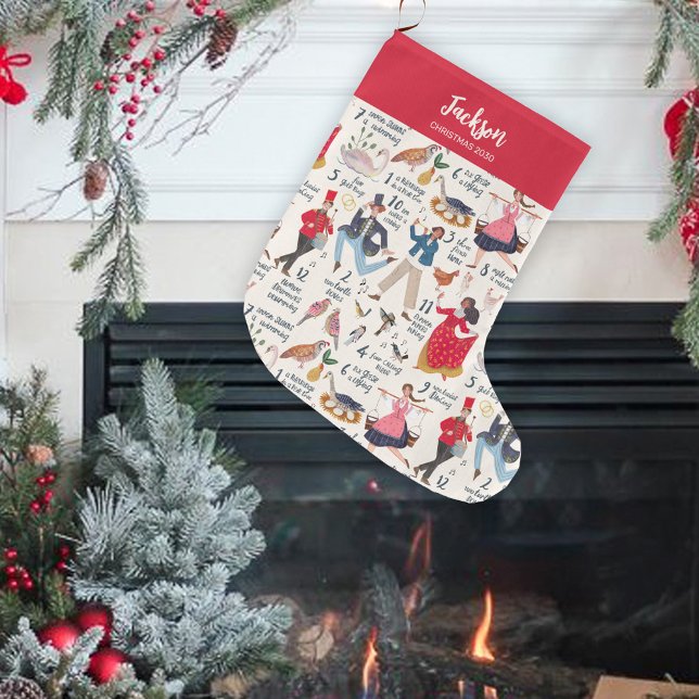 Meia De Natal Grande Fa La 12 dias de Natal Ecru (12 days of Christmas Stocking )