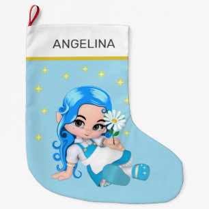 Meia De Natal Grande Fada Celestial & Estrelas em Azul Claro