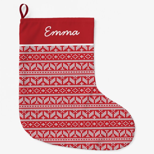 Meia De Natal Grande Fair Isle Red Christmas Name Monograma (Frente)